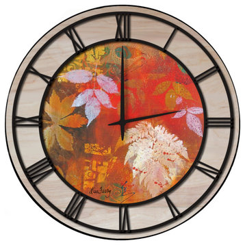 Wall Clock With Woodgrain Accent, Leaves Red, Black Numbers, 24"x24"