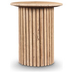 Meridian Furniture - Genoa Marble End / Side Table, Beige - Add a refined look to your room with this handcrafted beige Genoa end table, a stunning masterpiece that marries elegance and practicality. Crafted from genuine Travertine, each table is a unique work of art, featuring a beige Travertine top with intricate white veining. The fluted Travertine base adds a touch of art deco design, making it a statement piece in any room and adding to its heirloom-quality design.