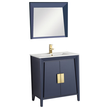 36" Larvotto Navy Blue Modern Bath Vanity, With Matching Mirror