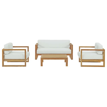 Sectional Sofa Chair Table Set, White Natural, Teak Wood, Modern, Outdoor Patio