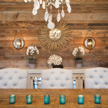 Weathered Antique Paneling and Reclaimed Wood Table in a Glam Transitional Dinin