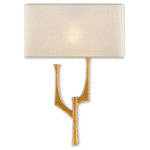 Currey and Company - Currey and Company One Light Wall Sconce 5000-0182 - One Light Wall Sconce in Antique Gold Leaf finish. Number of Bulbs 1. Max Wattage 13.00 . No bulbs included. The Bodnant Wall Sconce Left is made of wrought iron in an antique gold leaf finish. This modern gold wall sconce looks cubist in nature with its angled intersecting arms that create abstracted shapes. These extend up to an off-white linen shade. We also offer the Bodnant in a right-facing wall sconce. No UL Availability at this time.