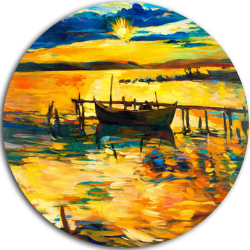 Boat And Pier In Yellow Shade, Seascape Painting Round Wall Art, 11"