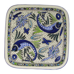 Le Souk Ceramique - Square Stoneware Platter Aqua Fish Design - Serving Dishes And Platters