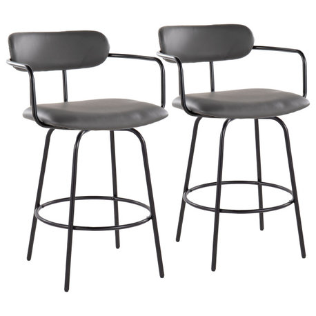 Demi 26" Counter Stool, Set of 2, Black Metal, Gray Pu