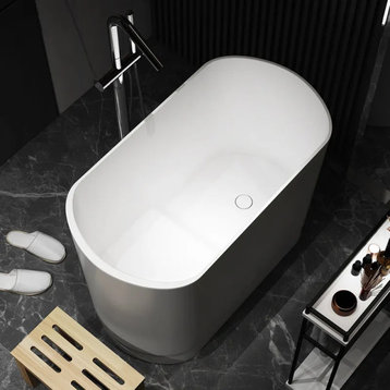 40" Modern Deep Oval Freestanding Stone Resin Japanese Soaking Bathtub