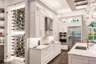 Example of a transitional single-wall vinyl floor, brown floor and wood ceiling open concept kitchen design in Other with a single-bowl sink, shaker cabinets, white cabinets, quartz countertops, white backsplash, quartz backsplash, stainless steel appliances, an island and white countertops