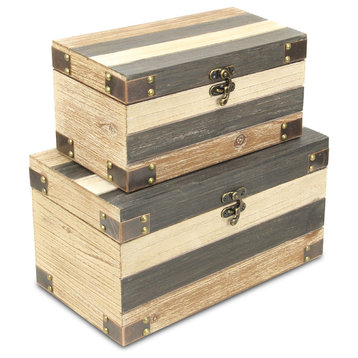 Wood Panel Storage Boxes, Bronze Metal Accents, 2-Piece Set