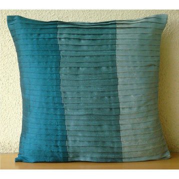 Color Block 16"x16" Art Silk Blue Throw Pillows Cover for Couch, Shades Of Teal