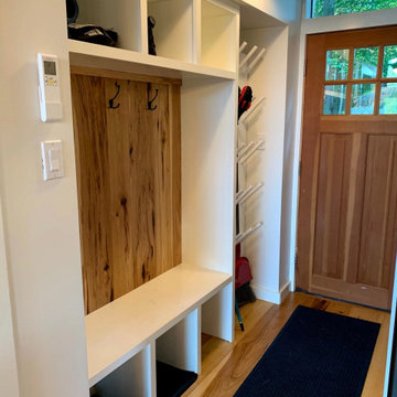 Character Hickory Plank Flooring, Entry with Custom Bench & Cubbies