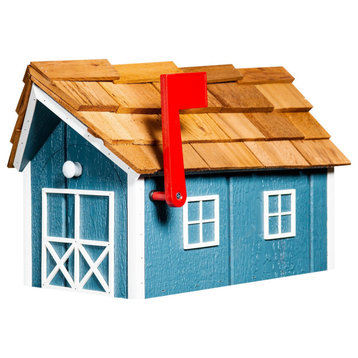 Cedar Shake Roof Standard Wood Mailbox, Aruba Blue & White