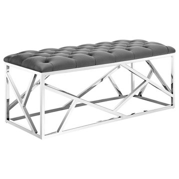 Tufted Bench/Ottoman With Gold Stainless Steel Geometric Frame, Silver Gray