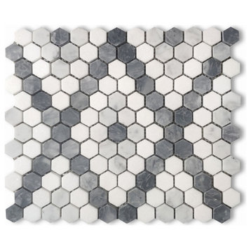 Carrara White Marble 1" Hexagon Modern X Pattern Mosaic Tile Gay Honed, 1 sheet