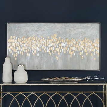 Luxe Metallic Gold Silver Dots Abstract Painting, 61" Long Wall Art Modern Gray