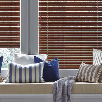 Blue and Tan Window Seat with Wood Blinds