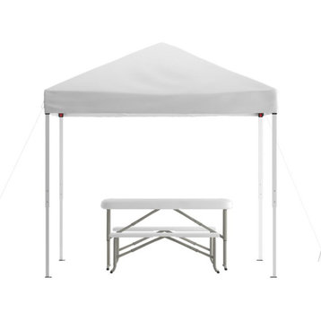 8'x8' White Pop Up Event Canopy Tent with Carry Bag and Folding Bench Set -...