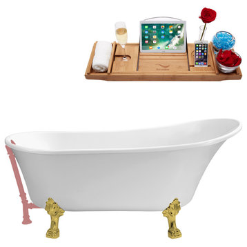 59" Streamline N341GLD-PNK Soaking Clawfoot Tub and Tray With External Drain