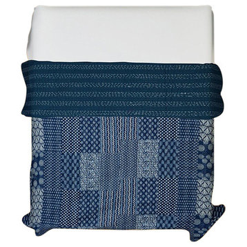 Indian Handmade Indigo Blue Patchwork Cotton Kantha Quilt Throw, Blue, Queen
