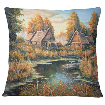 Birches in Autumn Village Landscape Printed Throw Pillow, 18"x18"