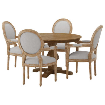 Bryan French Country Fabric Upholstered Wood 5-Piece Circular Dining Set, Natural/Light Gray