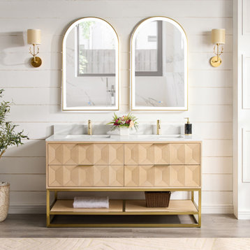 Milagro Bath Vanity With Top, Ash Grey, Brushed Gold Base, 60", With Mirror