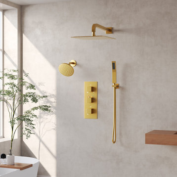 Dual Heads 12" & 6" Rain High Pressure Shower System w/3-Way Thermostatic Faucet, Brushed Gold