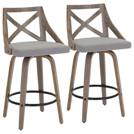 Charlotte Counter Stool, Set of 2, Light Gray Wood, Gray Fabric