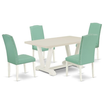V026EN257-5 - Wood Table and 4 Pond PU Leather Chairs - Linen White Finish