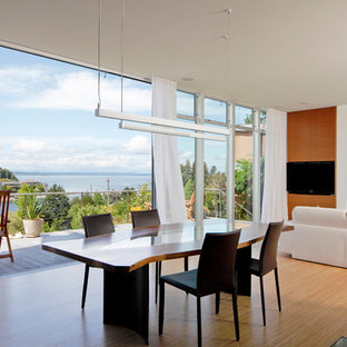 シアトルの中サイズのコンテンポラリースタイルのLDKの画像 (白い壁、淡色無垢フローリング、標準型暖炉)