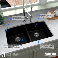 Karran Undermount Quartz 32" 50/50 Double Bowl Kitchen Sink Kit, Black