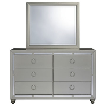 HomeRoots Silver Champagne Tone Dresser With Mirror Trim Accent 6 Drawers