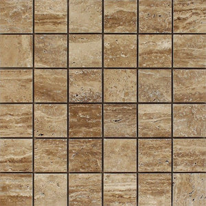 Polished Noce Exotic (Vein-Cut) Travertine Mosaic, 2 X 2 Unfilled