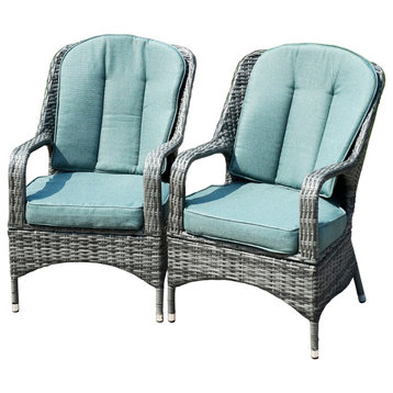 Set of 2 Grey Outdoor Patio Wicker Dining Cozy Armchairs, Celadon Cushions