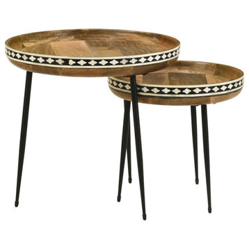 Coaster Ollie 2-piece Wood Farmhouse Round Nesting Table Natural and Black