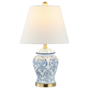 Juliana 22.25" Traditional Chinoiserie Ceramic LED Table Lamp, Blue/White