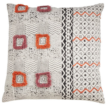 Cotton Down Filled Pillow With Embroidered Block Print Design, 22"x22", Coral