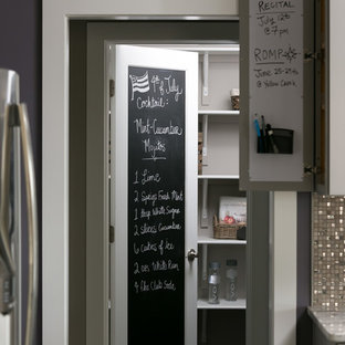 This is an example of a mid-sized arts and crafts kitchen pantry in Other with shaker cabinets, grey cabinets, granite benchtops, multi-coloured splashback, mosaic tile splashback, stainless steel appliances and with island.