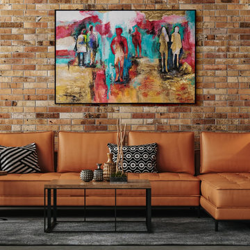 Framed abstract wall art colorful hand-painted canvas "In the Park"