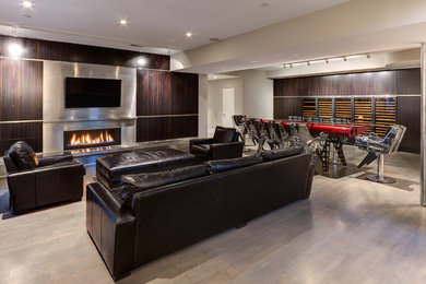 Photo of a modern basement in DC Metro with a standard fireplace and a stone fireplace surround.