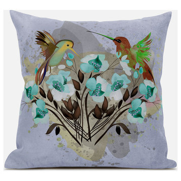 26x26 Green Brown Gray Bird Blown Seam Broadcloth Animal Print Throw Pillow