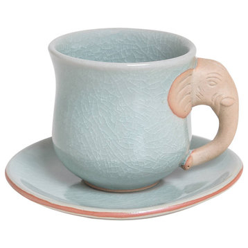 Novica Handmade Elephant Gaze Celadon Ceramic Cup And Saucer