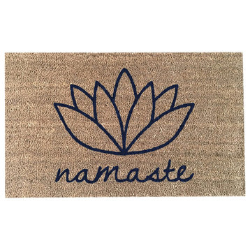 Hand Painted "Namaste, Lotus Flower" Doormat, Midnight Navy Blue