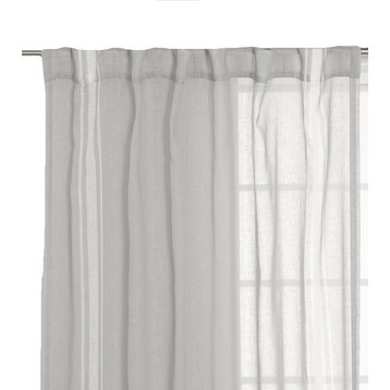 Sheer Faux Linen Reverse Triple Stripe Curtains, Gray/Ivory