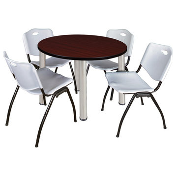 Kee 42 Round Breakroom Table- Mahogany/ Chrome & 4 'M' Stack Chairs- Grey
