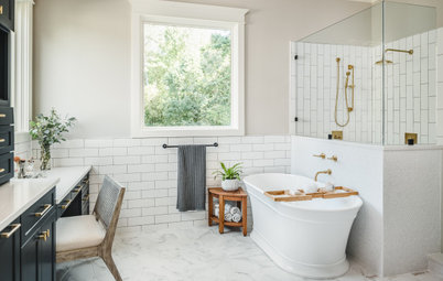 Room Tour: A Serene, Relaxing Bathroom in White, Navy and Brass