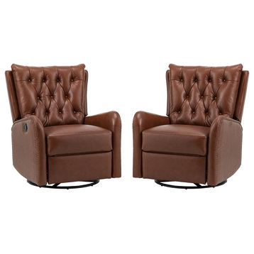 Transitional Genuine Leather Manual Swivel Recliner Set of 2, Brown