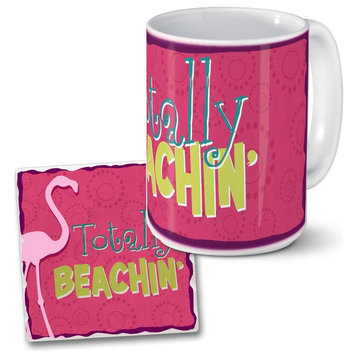 Totally Beachin Pink Flamingo 15 Oz Ceramic Coffee Mug Matching Coaster Gift