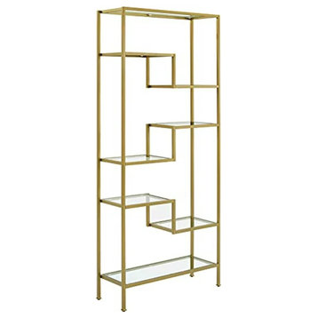 Modern Bookcase, Unique Geometric Design With Glass Open Shelves, Gold