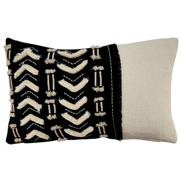 Down Filled Throw Pillow Embroidered and Embellished, 12"x20", Black/White