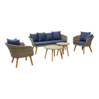 Courtyard Casual Bermuda FSC Teak 4 Piece Seating Set with Sofa, Coffee Table and 2 Club Chairs - Taupe